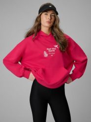 4F Bluza dresowa loose z kapturem damska - różowa M. Czerwone bluzy 4f, m, bez wzorów, z bawełny, z kapturem. Za 189.99 zł.