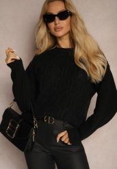Czarny Sweter z Dodatkiem Wełny ze Ściągaczami i Splotem Teriela. Czarne swetry Renee, l, bez wzorów, z jeansu, bez ramiączek. Za 79.99 zł.