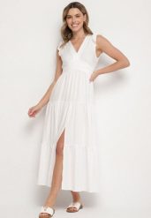 Biała Wiskozowa Sukienka z Falbankami Sadoline. Białe sukienki Born2be, na co dzień, m, bez wzorów, z wiskozy, boho, bez kołnierzyka, bez ramiączek, maxi. Za 74.99 zł.