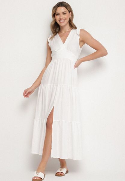 Biała Wiskozowa Sukienka z Falbankami Sadoline. Białe sukienki Born2be, na co dzień, na lato, m, bez wzorów, z wiskozy, boho, bez kołnierzyka, bez ramiączek. Za 79.99 zł.