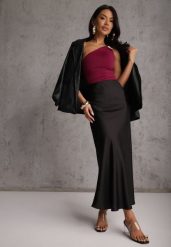 Czarna Koktajlowa Spódnica z Satyny o Rozkloszowanym Kroju Zinnivira. Czarne spódnice Renee, l, bez wzorów, z satyny, eleganckie, maxi, koszulowe. Za 79.99 zł.