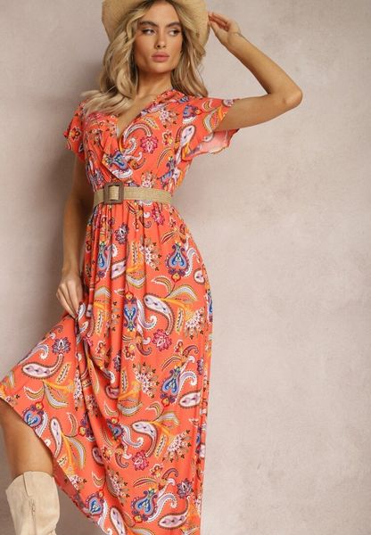 Pomarańczowa Rozkloszowana Sukienka z Wiskozy z Gumką w Talii i Abstrakcyjnym Wzorem Pairella. Brązowe sukienki Renee, l, bez wzorów, z wiskozy, bez kołnierzyka, bez ramiączek, maxi, rozkloszowane. Za 64.99 zł.