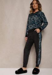 Niebiesko-Czarny Komplet Dresowy Welurowy Bluza i Joggery w Panterkę Froliti. Niebieskie bluzy Renee, bez wzorów, z dresówki, bez kaptura. Za 119.99 zł.