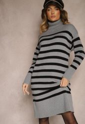 Szaro-Czarna Sukienka Golf Sweterkowa z Modalem i Wiskozą w Paski Gesalttia. Szare sukienki Renee, na co dzień, l, bez wzorów, z materiału, eleganckie, bez kołnierzyka, bez ramiączek, midi, dopasowane. Za 99.99 zł.