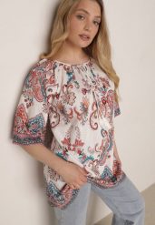 Czerwona Wiskozowa Bluzka w Etniczny Wzór z Frędzlami w Stylu Boho Raimine. Czerwone bluzki Born2be, l, bez wzorów, z jeansu, biznesowe, bez kołnierzyka, bez ramiączek. Za 59.99 zł.