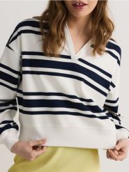 Bluza w paski z kołnierzykiem - granatowy. Niebieskie bluzy Reserved, l, bez wzorów, z bawełny, bez kaptura. W wyprzedaży za 49.99 zł.