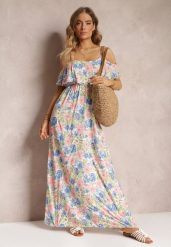 Biało-Niebieska Sukienka Maxi Bawełniana w Kwiaty z Falbanką Saranna. Białe sukienki Renee, na imprezę, l, bez wzorów, z bawełny, bez kołnierzyka, bez ramiączek, maxi, rozkloszowane. Za 64.99 zł.