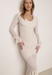 Beżowa Koktajlowa Sukienka Koronkowa z Dekoltem V i Falbanami Frevina. Brązowe sukienki Born2be, na imprezę, l, bez wzorów, z koronki, klasyczne, bez kołnierzyka, bez ramiączek, maxi, kopertowe. Za 199.99 zł.