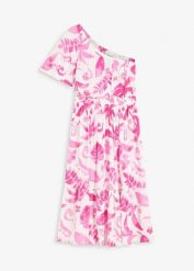 Sukienka one-shoulder ze strukturalnej wiskozy z nadrukiem. Białe sukienki bonprix, bez wzorów, z wiskozy, bez kołnierzyka, bez ramiączek, midi. Za 39.99 zł.