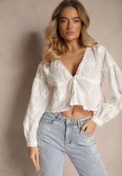 Biała Koszula Oversize z Bawełny Ozdobiona Haftowanymi Kwiatami Valiera. Białe koszule Renee, l, bez wzorów, z bawełny, eleganckie, bez kołnierzyka, bez ramiączek. Za 99.99 zł.