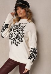 Jasnobeżowy Sweter z Wiskozą o Długim Kroju z Ozdobnym Haftem Adelithra. Brązowe swetry Renee, bez wzorów, z jeansu, bez ramiączek. Za 139.99 zł.