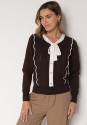 Brązowy Sweter z Wiskozą Ozdobiony Kokardą Eleganckimi Guzikami i Kontrastowymi Detalami Miariel. Brązowe swetry Born2be, s, bez wzorów, z jeansu, bez ramiączek. Za 129.99 zł.