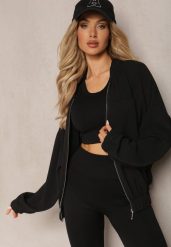 Czarna Bluza Bomberka ze Ściągaczami i Luźnymi Rękawami Nerati. Czarne bluzy Renee, l, bez wzorów, bez kaptura. W wyprzedaży za 63.99 zł.