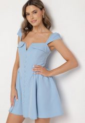 Niebieska Rozkloszowana Sukienka z Ozdobnym Dekoltem i Guzikami Salasesia. Niebieskie sukienki Born2be, na co dzień, l, bez wzorów, eleganckie, bez kołnierzyka, bez ramiączek, mini, kopertowe. Za 129.99 zł.