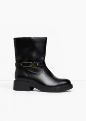 Kozaki z klamrą. Czarne kozaki bonprix, bez obcasa, bez zapięcia. Za 169.99 zł.