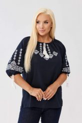 Elegancka granatowa bluzka z haftem - żorżeta OVERSIZE PLUS SIZE WIOSNA LATO. Białe bluzki Moda Size Plus Iwanek, l, bez wzorów, z jeansu, biznesowe, bez kołnierzyka, plus size, bez ramiączek. Za 189.90 zł.