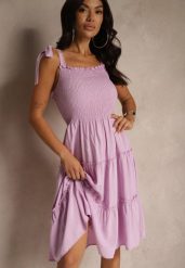 Fioletowa Sukienka z Wiskozą o Rozkloszowanym Kroju na Ramiączkach z Wiązaniem Aranive. Fioletowe sukienki Renee, na co dzień, m, bez wzorów, z wiskozy, eleganckie, bez kołnierzyka, bez ramiączek, midi, proste. Za 49.99 zł.