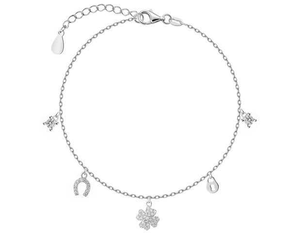 Bransoletka srebrna z cyrkoniami - koniczyna, podkowa, kłódka. Szare bransoletki Apart, z cyrkonią, srebrne. Za 139.00 zł.