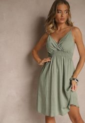 Ciemnozielona Kopertowa Sukienka z Wiskozy Lilisena. Zielone sukienki Renee, l, bez wzorów, z wiskozy, eleganckie, bez kołnierzyka, bez ramiączek, mini, kopertowe. Za 59.99 zł.