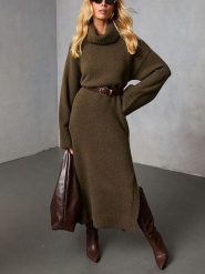 Milan Kiss Sukienka dzianinowa w kolorze khaki rozmiar: L. Brązowe sukienki Milan Kiss, na co dzień, l, bez wzorów, z dzianiny, bez kołnierzyka, bez ramiączek, maxi, proste. Za 208.99 zł.