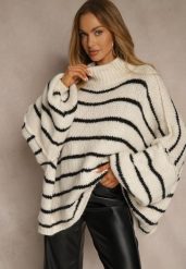 Beżowy Oversizowy Golf w Paski z Dodatkiem Wełny i Wiskozy Nezella. Brązowe golfy Renee, bez wzorów, z jeansu, bez ramiączek. Za 159.99 zł.