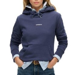 Jednokolorowa bluza z kapturem damska Superdry. Niebieskie bluzy sportowe Superdry, m, bez wzorów, z bawełny, z kapturem. Za 317.90 zł.