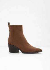 Botki kowbojki z obcasem typu słupek. Brązowe botki bonprix, bez wzorów, bez obcasa, na słupku, bez zapięcia. Za 147.99 zł.