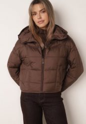 Brązowa Pikowana Kurtka na Sezon Przejściowy Puffer z Kapturem i Kołnierzem Alaile. Brązowe kurtki Born2be, l, bez wzorów, z dzianiny, z kapturem. Za 179.99 zł.
