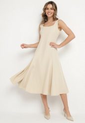 Beżowa Klasyczna Sukienka o Rozkloszowanym Kroju Delure. Brązowe sukienki Born2be, l, z aplikacjami, eleganckie, bez kołnierzyka, bez ramiączek, midi, rozkloszowane. Za 69.99 zł.