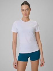 4F Koszulka treningowa regular szybkoschnąca damska - biała L. Białe bluzki 4f, l, bez wzorów, bez kołnierzyka, bez ramiączek. Za 79.99 zł.