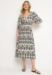 Czarno-Kremowa Sukienka Wiskozowa Rozkloszowana z Odkrytymi Plecami w Print Boho Turaisa. Czarne sukienki Born2be, na co dzień, l, bez wzorów, z wiskozy, boho, bez kołnierzyka, bez ramiączek, midi, proste. Za 74.99 zł.