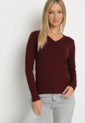 Bordowy Sweter z Wiskozą i Dekoltem w Serek Olisela. Czerwone swetry Born2be, m, bez wzorów, z wiskozy, bez ramiączek. Za 49.99 zł.