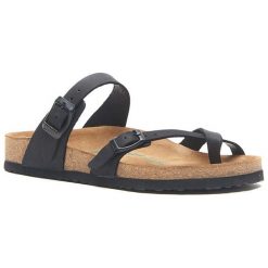 Comfortfusse Skórzane japonki w kolorze czarnym rozmiar: 39. Czarne klapki Comfortfüße, bez wzorów, z nubiku, z otwartym noskiem, bez obcasa. Za 228.38 zł.