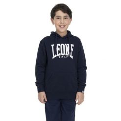 Bluza z bawełna z kaptur na czas wolny na co dzień. Niebieskie bluzy LEONE 1947 APPAREL, bez wzorów, z bawełny, bez kaptura. W wyprzedaży za 89.72 zł.