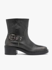 Czarno-szare botki biker boots. Szare botki Ryłko, bez wzorów, ze skóry, bez obcasa, bez zapięcia. Za 579.99 zł.