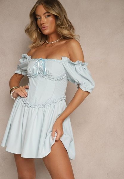 Niebieska Rustykalna Sukienka Vices z Gorsetowym Wiązaniem Tolarina. Niebieskie sukienki Renee, na imprezę, na lato, m, bez wzorów, eleganckie, bez kołnierzyka, bez ramiączek, mini, gorsetowe. Za 139.99 zł.