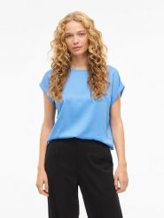 Vila Koszulka "Viellette" w kolorze błękitnym rozmiar: 44. Niebieskie bluzki Vila, bez wzorów, z satyny, bez kołnierzyka, bez ramiączek. Za 82.99 zł.