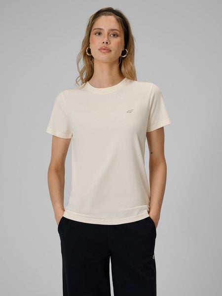 4F T-shirt regular gładki damski - kremowy L. Brązowe t-shirty 4f, l, bez wzorów, z bawełny, bez kołnierzyka, bez ramiączek. Za 49.99 zł.
