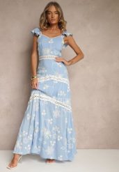 Niebieska Rozkloszowana Sukienka z Wiskozy z Haftami Lumirieve. Niebieskie sukienki Renee, na co dzień, na lato, m, bez wzorów, z wiskozy, eleganckie, bez kołnierzyka, bez ramiączek, maxi, rozkloszowane. Za 99.99 zł.