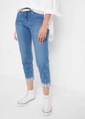 Dżinsy Straight ze stretchem, mid waist, dł. za kolano. Niebieskie jeansy bonprix, bez wzorów. Za 159.99 zł.