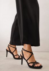 Czarne Sandały VICES na Szpilce Ozdobione Geometrycznymi Paskami Nahmora. Czarne sandały Renee, bez wzorów, eleganckie, bez obcasa, na obcasie, bez zapięcia. Za 119.99 zł.