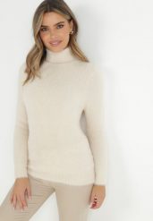 Jasnobeżowy Wełniany Golf Mihn. Brązowe golfy Born2be, m, bez wzorów, z wełny, bez ramiączek. Za 64.99 zł.
