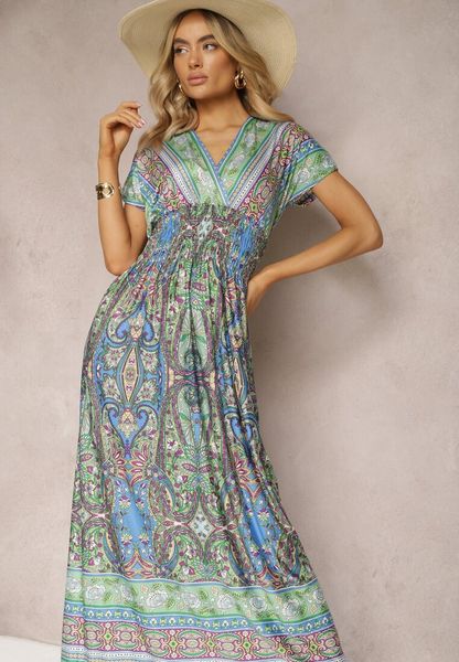Jasnozielona Długa Sukienka z Wiskozy w Print Paisley o Kopertowym Dekolcie Dircsa. Zielone sukienki Renee, na co dzień, m, bez wzorów, z tkaniny, boho, bez kołnierzyka, bez ramiączek, maxi, kopertowe. Za 59.99 zł.