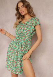 Miętowo-Zielona Kwiecista Sukienka Mini z Wiskozy z Krótkim Rękawem Ayela. Zielone sukienki Renee, l, bez wzorów, z wiskozy, bez kołnierzyka, bez ramiączek, mini. Za 49.99 zł.
