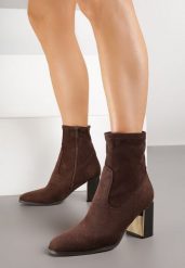 Brązowe Botki na Obcasie z Dopasowaną Cholewką Latalira. Brązowe botki Born2be, bez wzorów, z jeansu, bez obcasa, na obcasie, bez zapięcia. Za 139.99 zł.