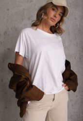 Biały T-shirt Basic Oversize z Bawełny Elusis. Białe t-shirty Renee, m, bez wzorów, z bawełny, bez kołnierzyka, bez ramiączek. Za 39.99 zł.