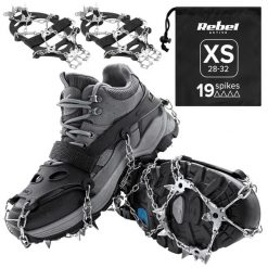 Raczki z kolcami nakładki na buty turystyczne rozmiar XS 28-32 REBEL. Szare trekkingi REBEL ACTIVE, z materiału, trekkingowe. Za 49.00 zł.