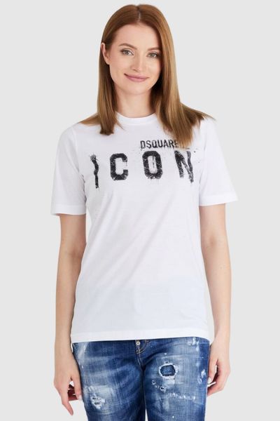 DSQUARED2 Biały t-shirt damski icon spray, Rozmiar M. Białe t-shirty Dsquared2, m, bez wzorów, prążkowane, bez kołnierzyka, bez ramiączek. W wyprzedaży za 490.99 zł.