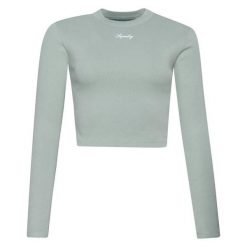 Damska koszulka z długim rękawem i haftem w prążki Superdry. Zielone bluzki Superdry, bez wzorów, prążkowane, bez kołnierzyka, bez ramiączek. Za 156.95 zł.