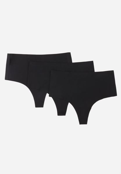 Czarne 3-Pack Majtki Bezszwowe Typu Stringi High Waist Cinossa. Czarne stringi Renee, bez wzorów, z satyny. Za 49.99 zł.